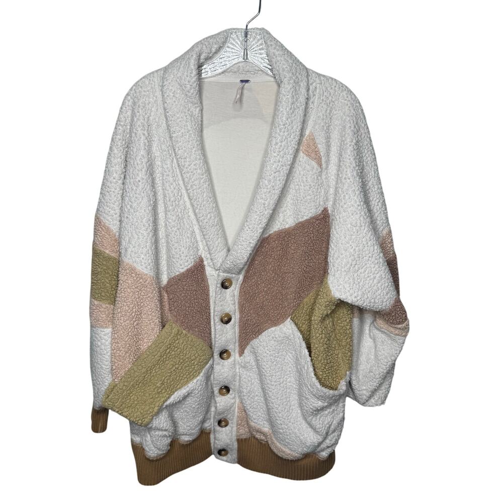 Free People Colorblock Sherpa Fleece Cardigan Sweater Jacket XS‎ Cozy Boho